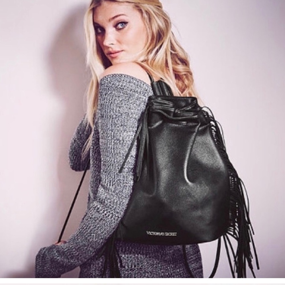 Victoria's Secret Faux Leather black fringe bucket backpack